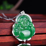 925 Silver Chalcedony Green Jade Agate Buddha Pendant Necklace Charm