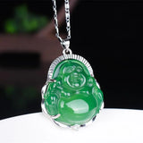 925 Silver Chalcedony Green Jade Agate Buddha Pendant Necklace Charm