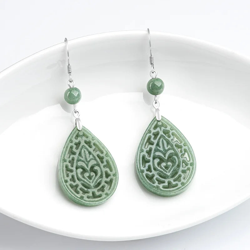 925 Silver Emerald Jade Flower Beads Earrings DIY Handmade Women Jewelry
