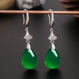 925 Silver Green Jade Earrings Chalcedony Water Drop Jadeite Jewelry