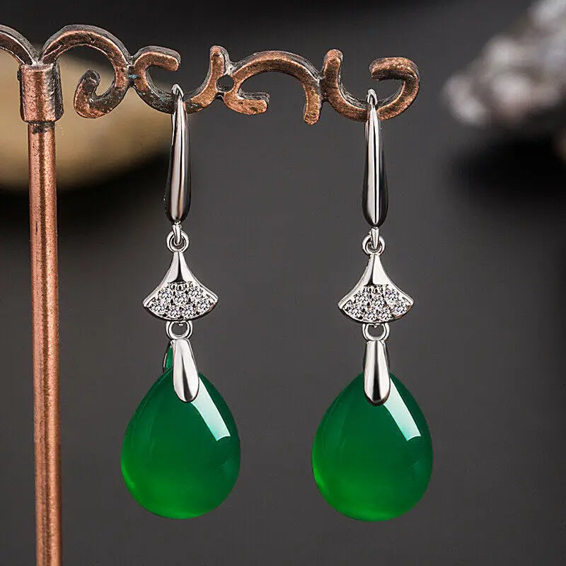 925 Silver Green Jade Earrings Chalcedony Water Drop Jadeite Jewelry