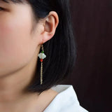 925 Silver Jade Emerald Chinese Knot Swing Earrings Charm Jewelry