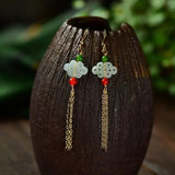 925 Silver Jade Emerald Chinese Knot Swing Earrings Charm Jewelry