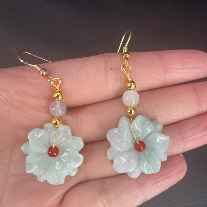 925 Silver Green Jade Emerald Flower Earrings Bead Charm