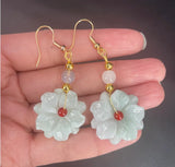 925 Silver Green Jade Emerald Flower Earrings Bead Charm