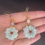 925 Silver Green Jade Emerald Flower Earrings Bead Charm
