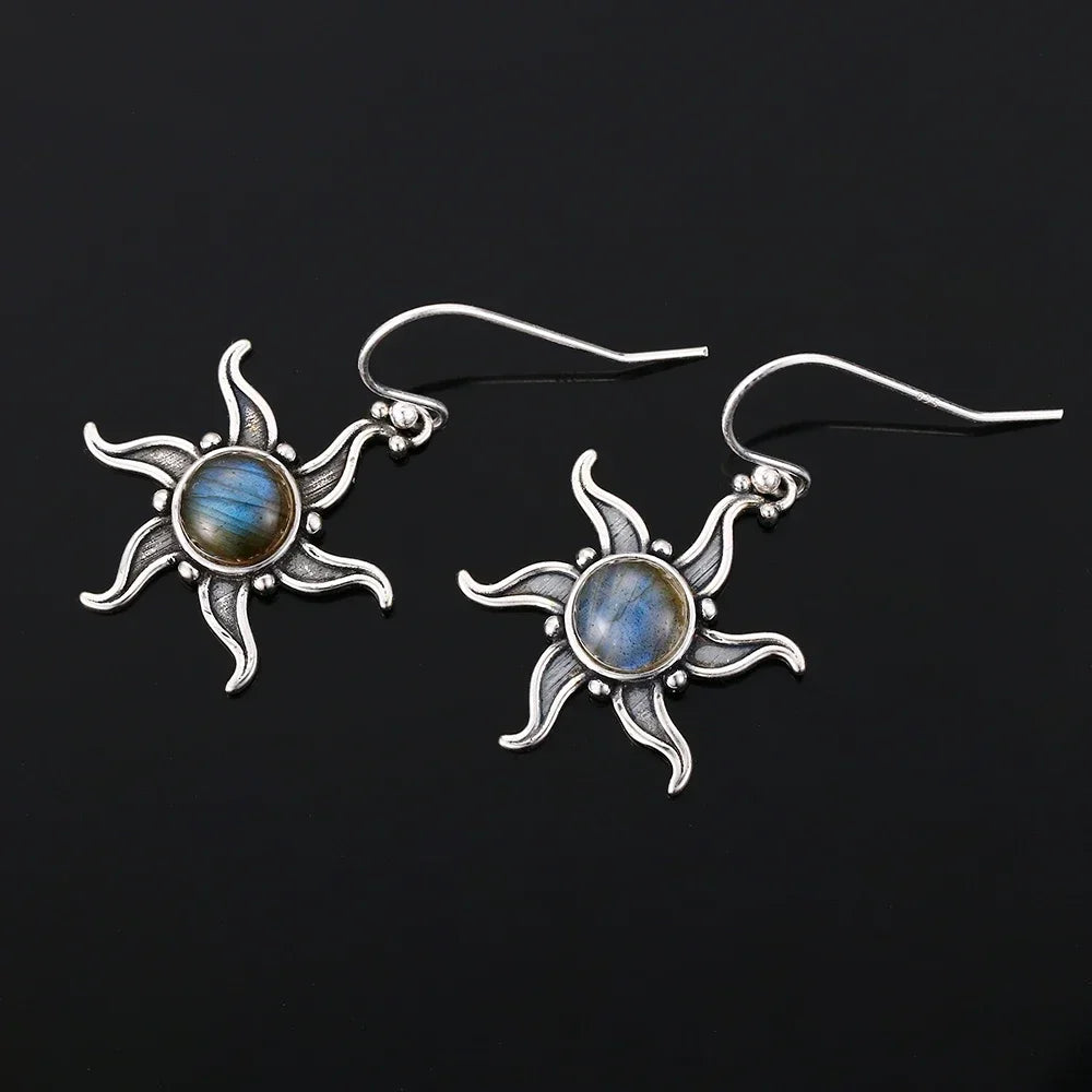 925 Silver Labradorite Drop Earrings Vintage Sun Shape Ear Jewelry Gift