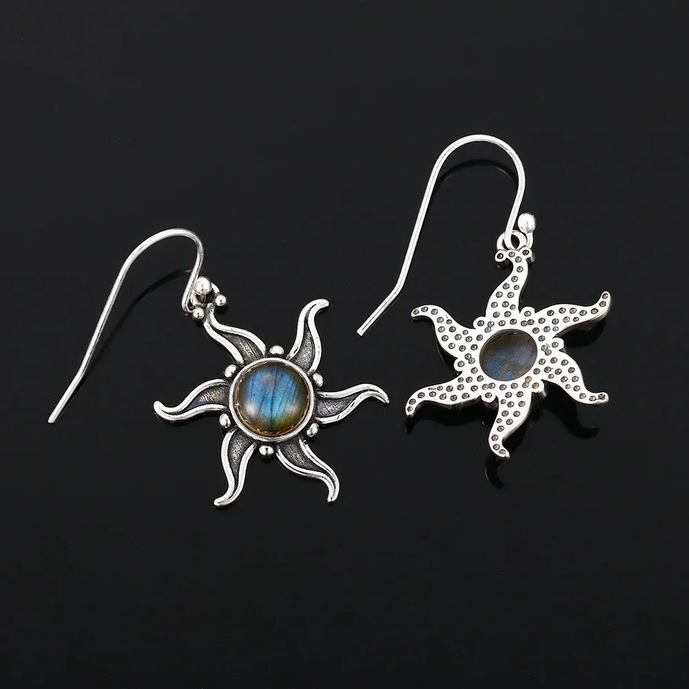 925 Silver Labradorite Drop Earrings Vintage Sun Shape Ear Jewelry Gift