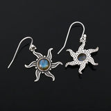 925 Silver Labradorite Drop Earrings Vintage Sun Shape Ear Jewelry Gift