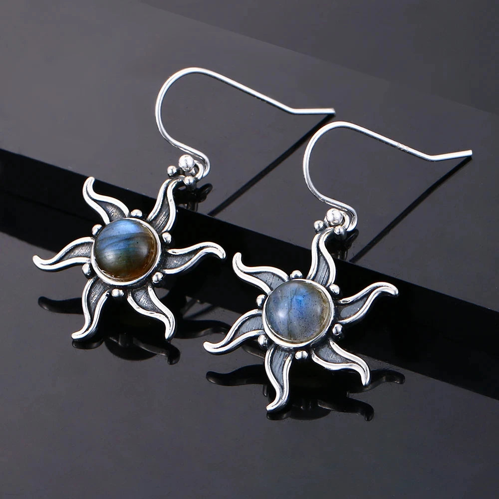 925 Silver Labradorite Drop Earrings Vintage Sun Shape Ear Jewelry Gift