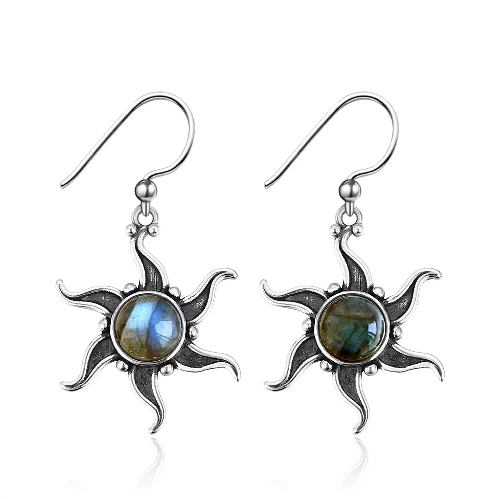 925 Silver Labradorite Drop Earrings Vintage Sun Shape Ear Jewelry Gift