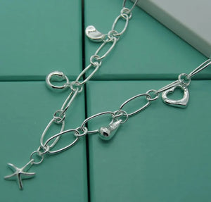925 Silver Paper Clip Pendant Necklace Multi-Treasure Charm Jewelry
