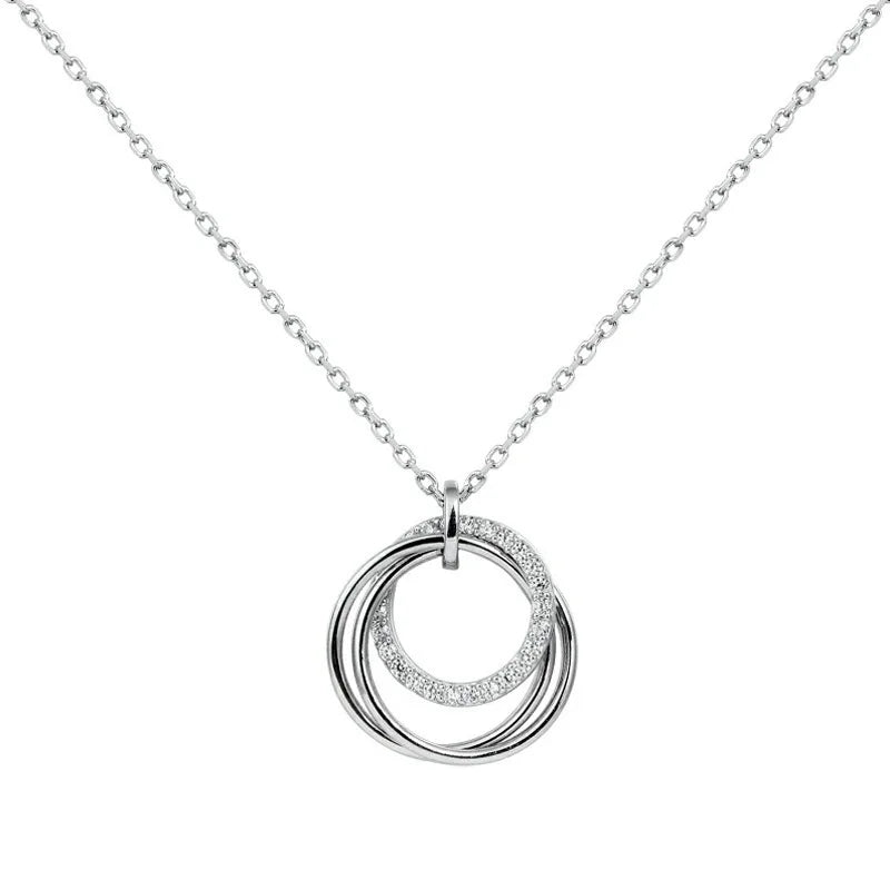925 Silver Necklace Three Circle Pendant Kpop Collarbone Chain For Women