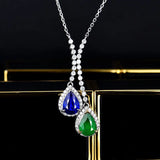 925 Silver Double Stone Emerald Sapphire Necklace for Women