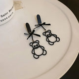 925 Silver Needle Bear Earrings Leather Bow Pin Chain Drop Punk Rock Girl Jewelr