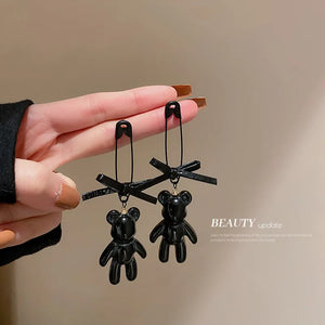 925 Silver Needle Bear Earrings Leather Bow Pin Chain Drop Punk Rock Girl Jewelr
