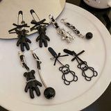 925 Silver Needle Bear Earrings Leather Bow Pin Chain Drop Punk Rock Girl Jewelr
