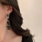 925 Silver Needle Bear Earrings Leather Bow Pin Chain Drop Punk Rock Girl Jewelr
