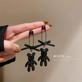 925 Silver Needle Bear Earrings Leather Bow Pin Chain Drop Punk Rock Girl Jewelr