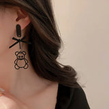925 Silver Needle Bear Earrings Leather Bow Pin Chain Drop Punk Rock Girl Jewelr