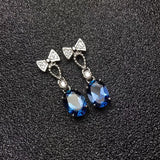 925 Silver Needle Bow Earrings Water Drop Sapphire Brincos