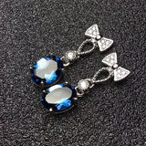 925 Silver Needle Bow Earrings Water Drop Sapphire Brincos