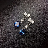 925 Silver Needle Bow Earrings Water Drop Sapphire Brincos
