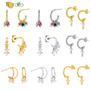 925 Silver Needle C-Shaped Stud Earrings Crystal Cross Piercing Jewelry