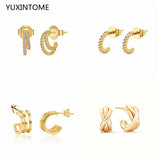 925 Silver Needle C-Shaped Stud Earrings Crystal Cross Earrings
