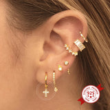 925 Silver Needle C-Shaped Stud Earrings Crystal Cross Piercing Jewelry