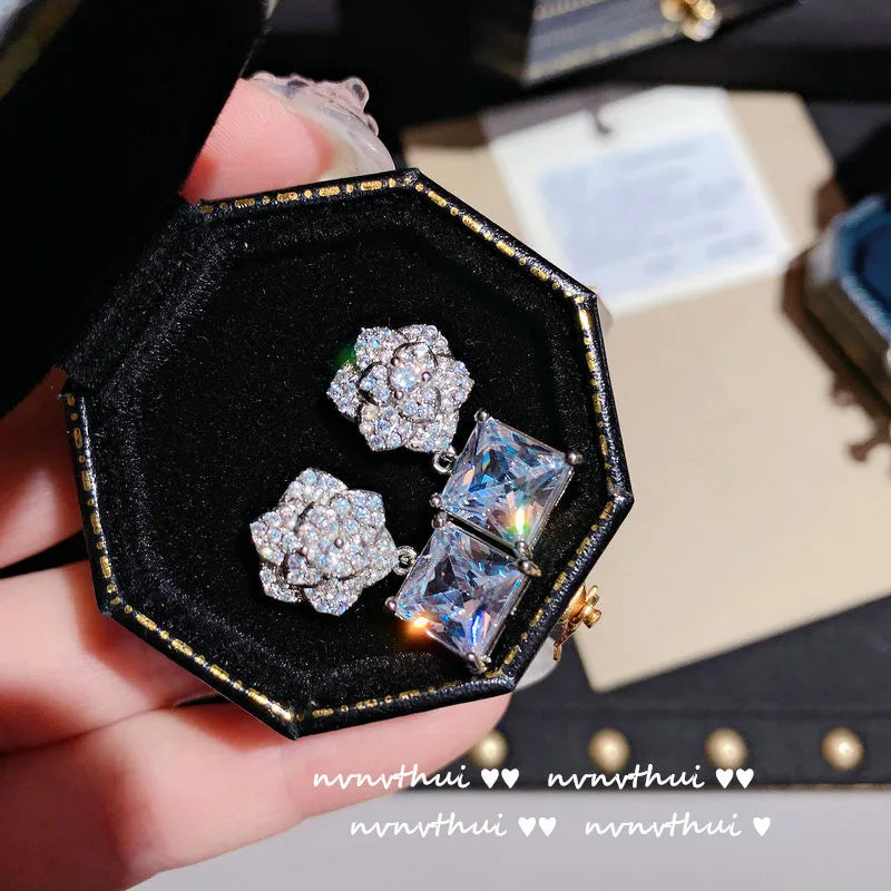 925 Silver Needle Camellia Flower Earring with CZ Ladies Dangler Jewelry