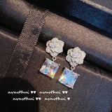 925 Silver Needle Camellia Flower Earring with CZ Ladies Dangler Jewelry