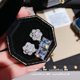 925 Silver Needle Camellia Flower Earring with CZ Ladies Dangler Jewelry