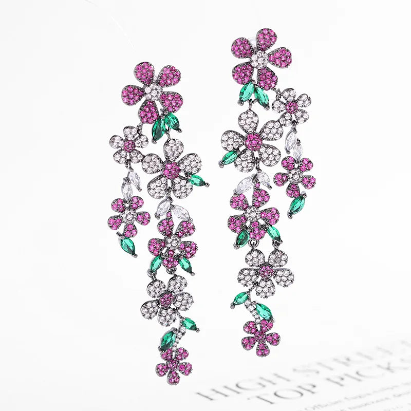 925 Silver Needle Earrings Exaggerated Flower Long Drop Earring