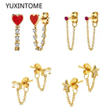 925 Silver Needle Heart Earrings Colorful Crystal Stud Earrings
