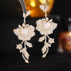 925 Silver Micro-Set Zircon Flower Freshwater Pearls Earrings