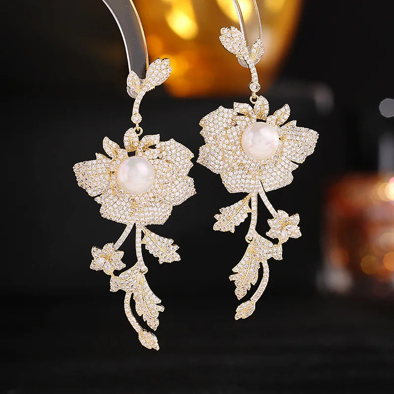 925 Silver Micro-Set Zircon Flower Freshwater Pearls Earrings