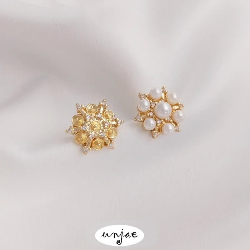 925 Silver Needle Zircon Snowflake Earrings DIY Pearl Holder