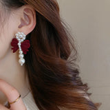 925 Silver Needle Red Flocking Bow Pearl Earrings Sale