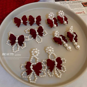 925 Silver Needle Red Flocking Bow Pearl Earrings Sale