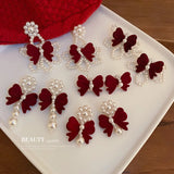 925 Silver Needle Red Flocking Bow Pearl Earrings Sale