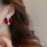925 Silver Needle Red Flocking Bow Pearl Earrings Sale