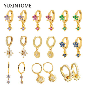 925 Silver Needle Sunflower Hoop Earrings Crystal Flower Pendant Huggie Earrings