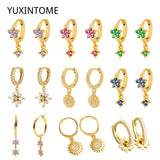 925 Silver Needle Sunflower Hoop Earrings Crystal Flower Pendant Huggie Earrings