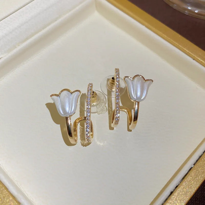 925 Silver Needle Zircon Tulip Pearl Earrings Light Temperament