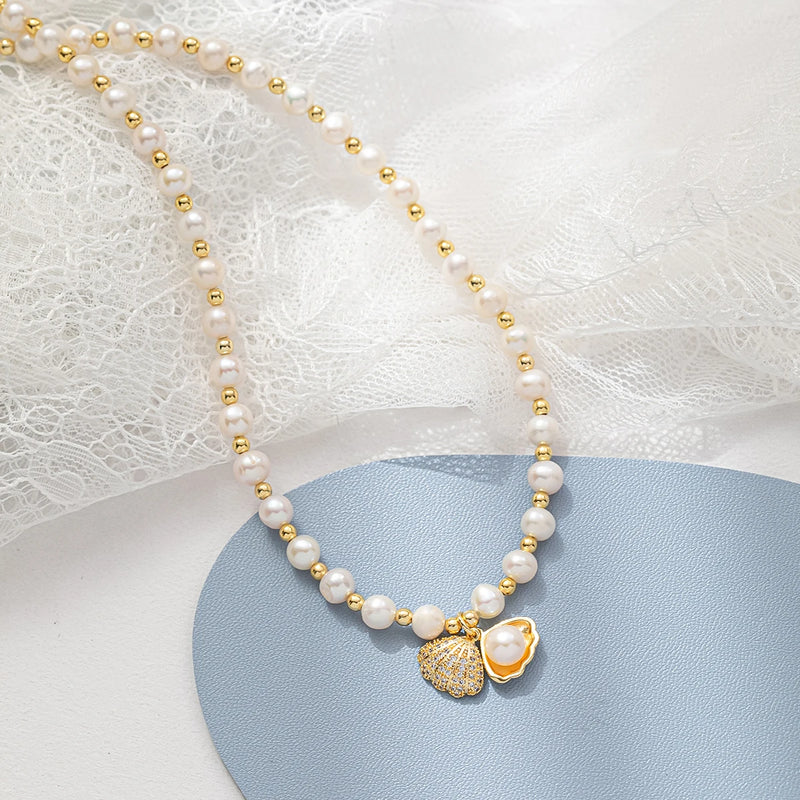 925 Silver Freshwater Pearl Necklace Shell Pendant Choker