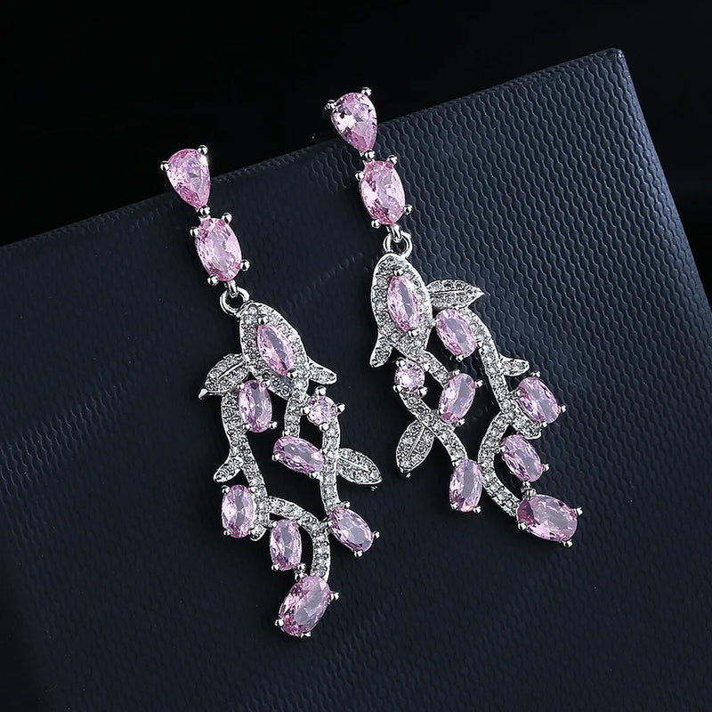 925 Silver Pink Zircon Leaf Earrings Women's Jewelry Gift