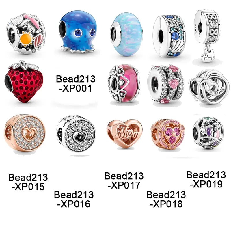 925 Silver Octopus Family Charms Encircled Heart Loves Castle Mom Bead