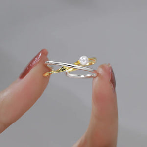 925 Silver Open Finger Ring Golden Cross Line Pearl Punk Geometric Stackable