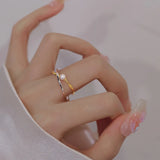 925 Silver Open Finger Ring Golden Cross Line Pearl Punk Geometric Stackable